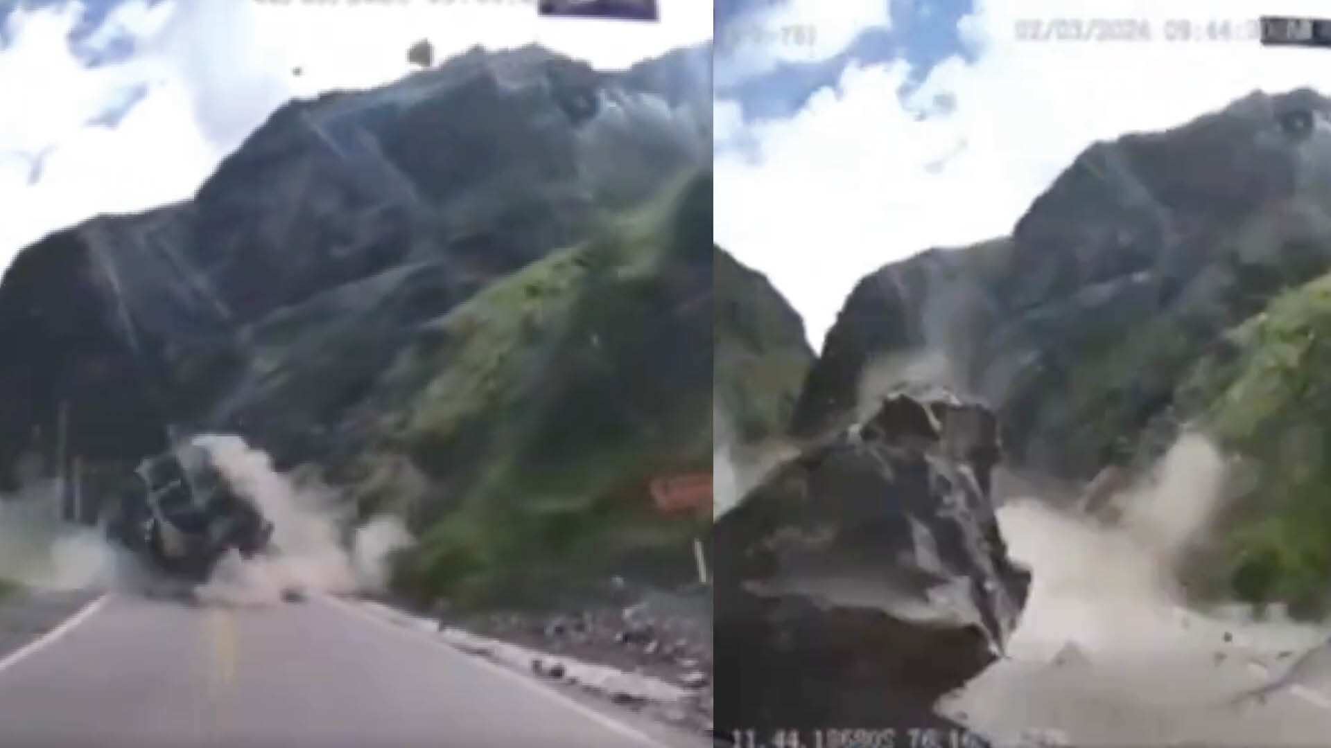Brutal momento en que un deslizamiento de rocas impacta a dos camiones en Perú