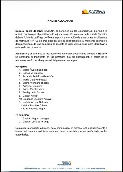 El avión Satena HK4709 que cubría la ruta Cúcuta‑Ocaña fue hallado estrellado en Norte de Santander, sin sobrevivientes.