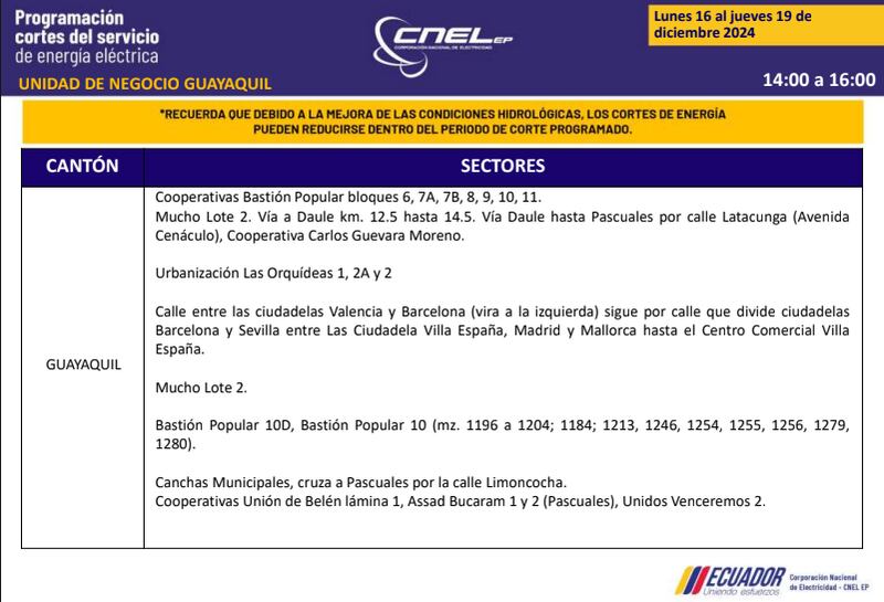 Guayaquil: nuevos horarios de apagones de dos horas del 16 al 19 de diciembre. Imagen: CNEL