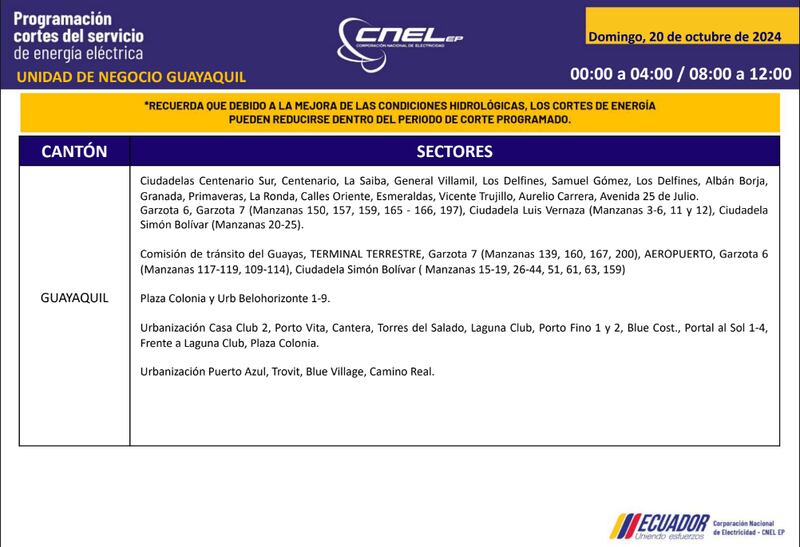 Guayaquil: horarios de cortes de luz para este sábado 19 y domingo 20 de octubre. Imagen: CNEL