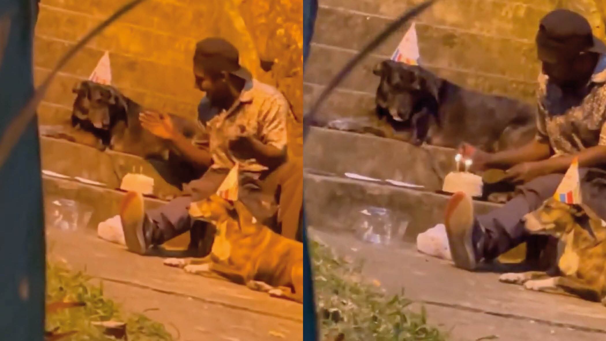 Una persona que vive en situación de calle celebra el cumpleaños de su perrito