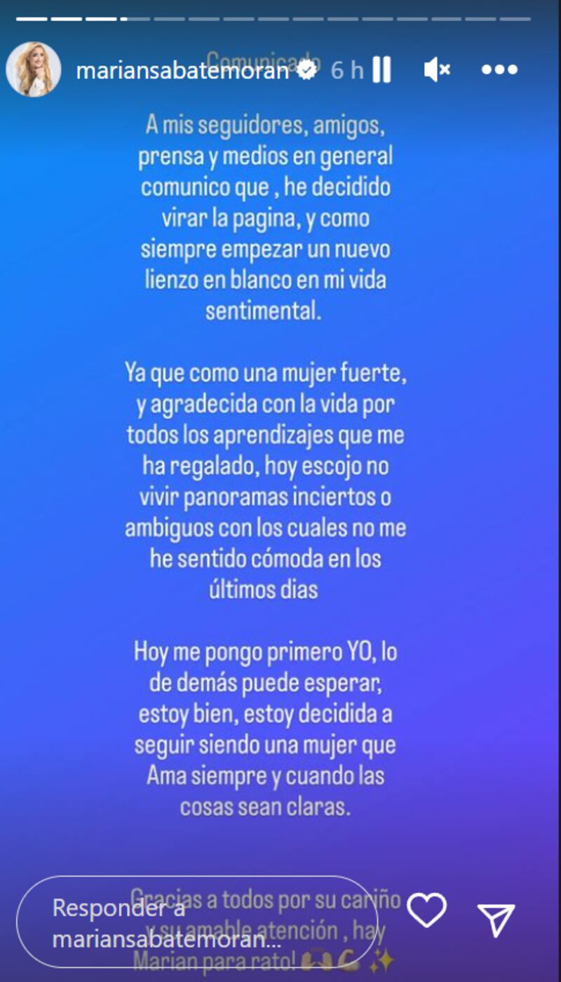 Captura de historia de Instagram de Marián Sabaté