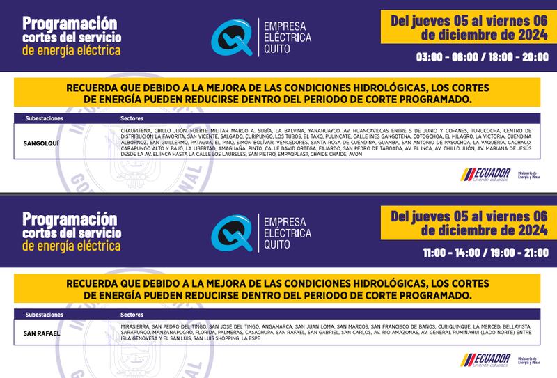 Cortes de luz en Quito del jueves 5 y viernes 6 de diciembre