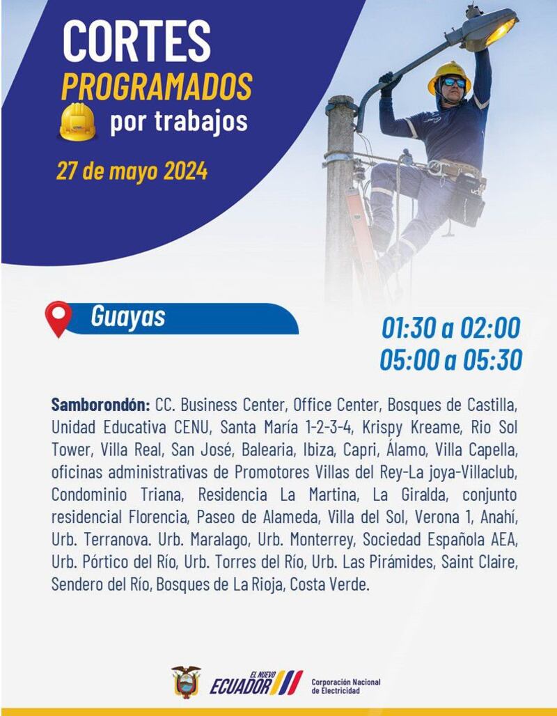Cortes de luz en cinco provincias del Ecuador para este lunes 27 de mayo. Imagen: CNEL