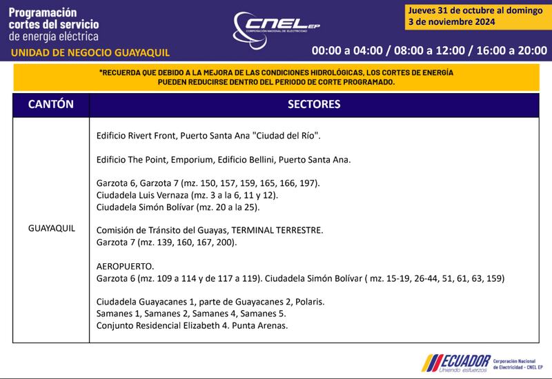Cortes de luz en Guayaquil del 31 de octubre al 3 de noviembre