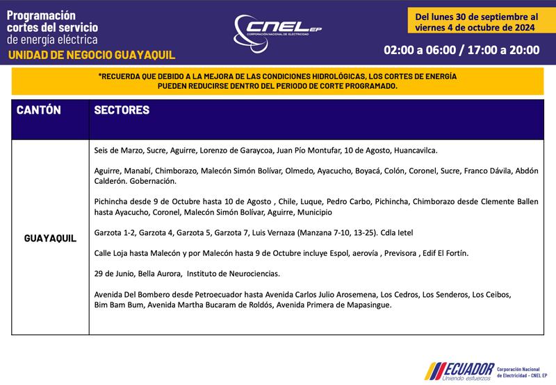 Cortes de luz en Guayaquil hasta el 4 de octubre