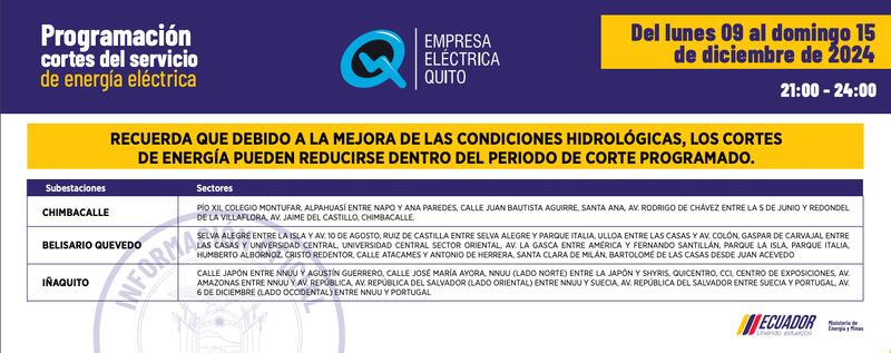 Cortes de luz en Quito del 9 al 15 de diciembre
