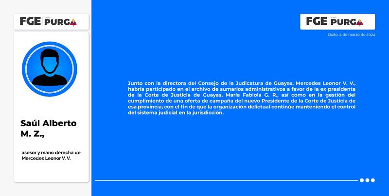 Saúl Alberto M. Z., asesor y mano derecha de la Directora del Consejo de la Judicatura de #Guayas, habría participado con la organización delictiva para archivar sumarios administrativos a favor de la ex Presidenta de la Corte Provincial de Justicia.