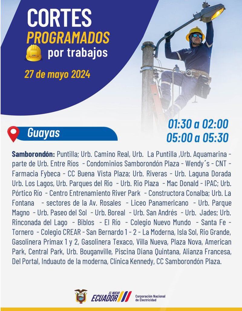 Cortes de luz en cinco provincias del Ecuador para este lunes 27 de mayo. Imagen: CNEL