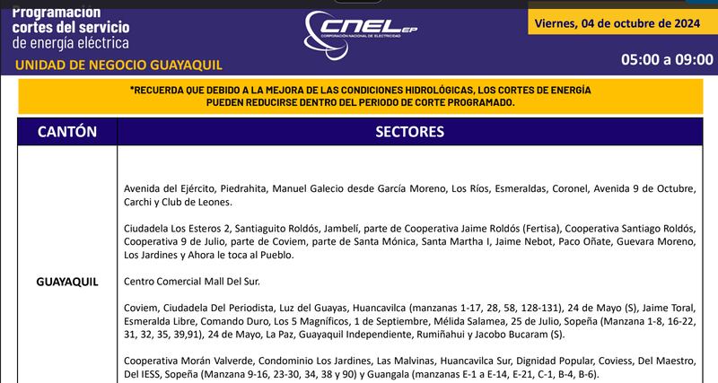 Cortes de luz en Guayaquil el 4 de octubre