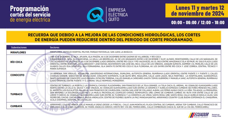 Cortes de luz en Quito 11 y 12 de noviembre