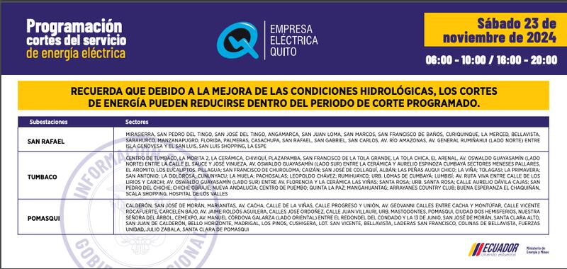 CORTES DE LUZ QUITO SABADO 23 DE NOVIEMBRE