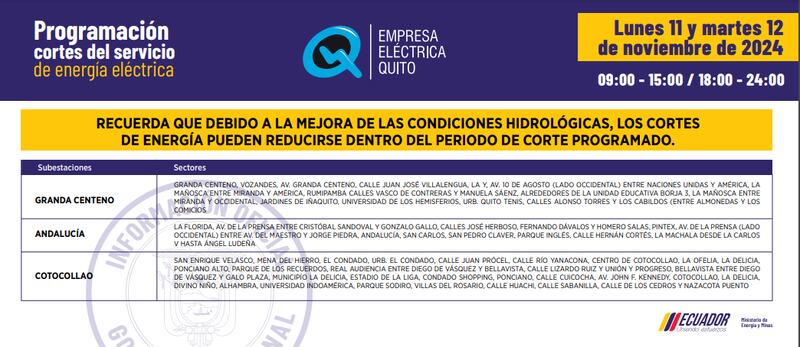 Cortes de luz en Quito 11 y 12 de noviembre