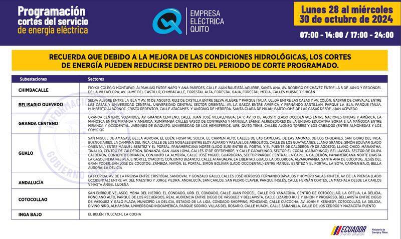Quito: conozca el horario de cortes de luz del 28 al 30 de octubre. Imagen: EEQ