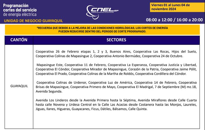 Guayaquil: Así quedan los nuevos horarios de cortes de luz para el feriado de noviembre