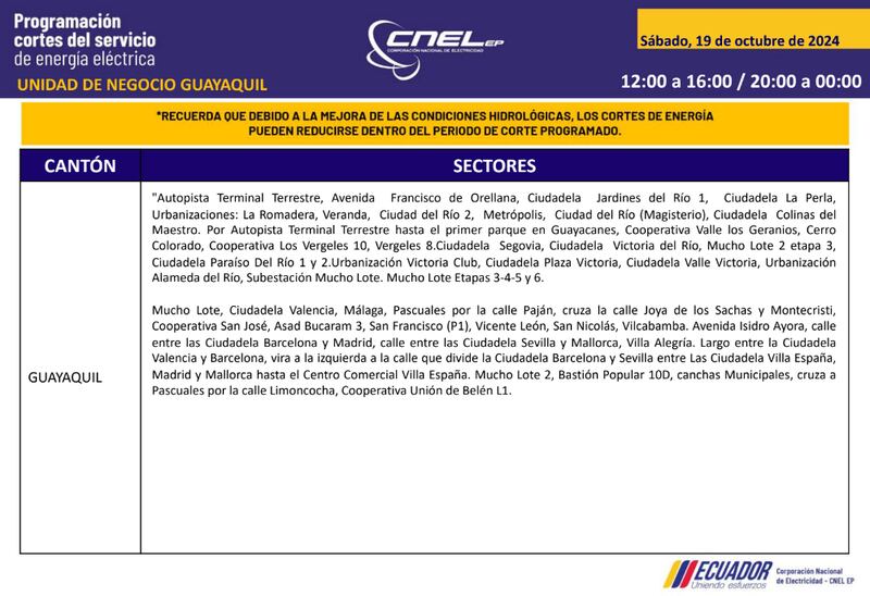 Guayaquil: horarios de cortes de luz para este sábado 19 y domingo 20 de octubre. Imagen: CNEL