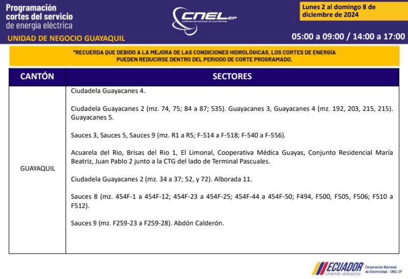 Guayaquil: revise los horarios de cortes de luz del 2 al 8 de diciembre. Imagen: CNEL