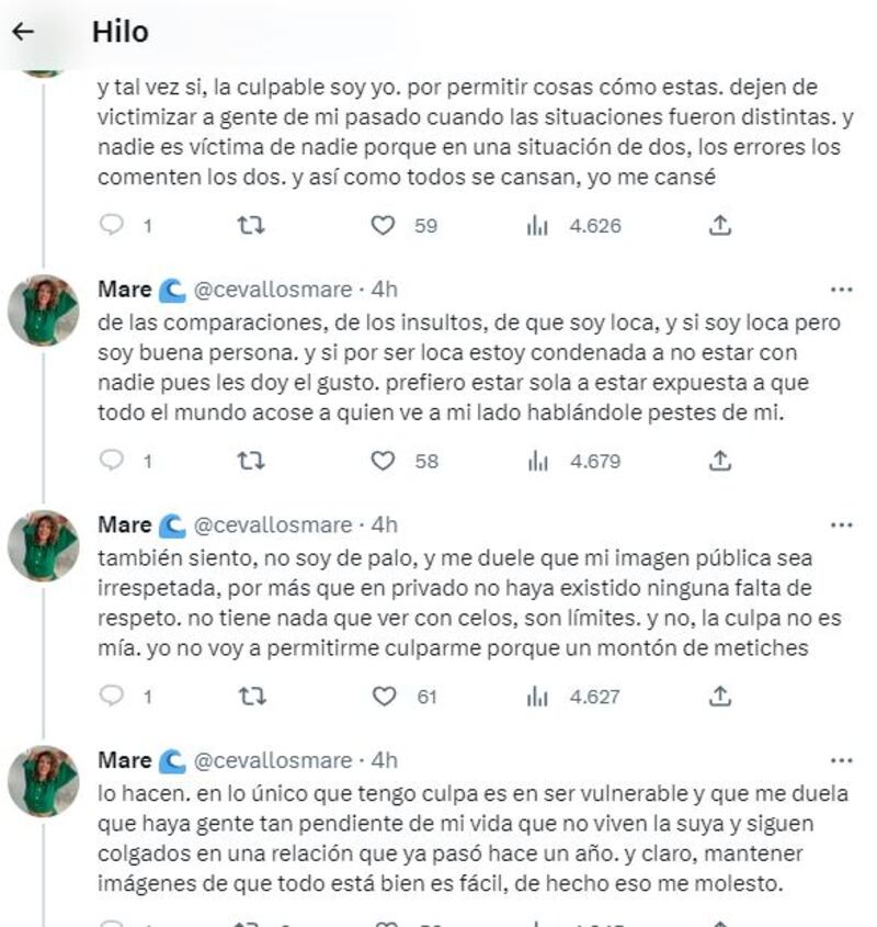 Captura de pantalla de tuits de Mare Cevallos