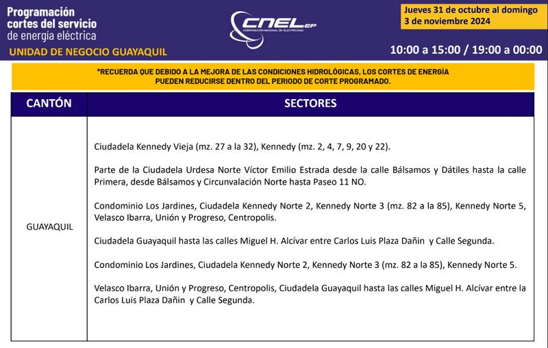 Cortes de luz en Guayaquil del 31 de octubre al 3 de noviembre