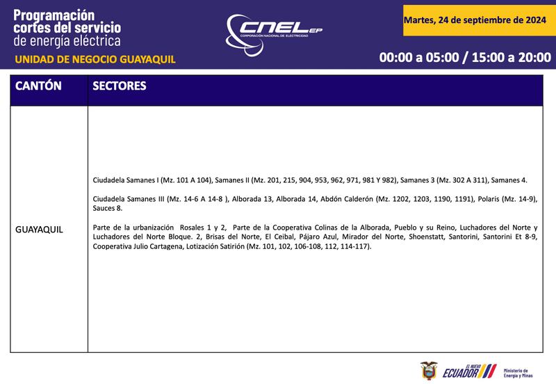 Horario de cortes de luz para este martes 24 de septiembre en Guayaquil.