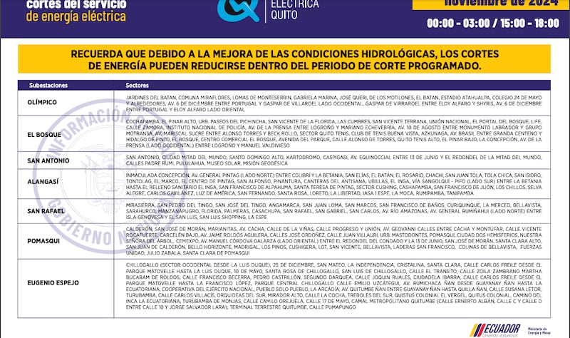 Cronograma de cortes de luz del viernes 1 al lunes 4 de noviembre en Quito
