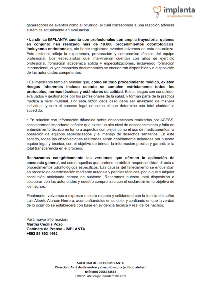 Clínica dental se pronuncia tras la muerte de Luis Alarcón en Quito