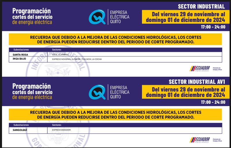 Cortes de luz Quito 30 de noviembre