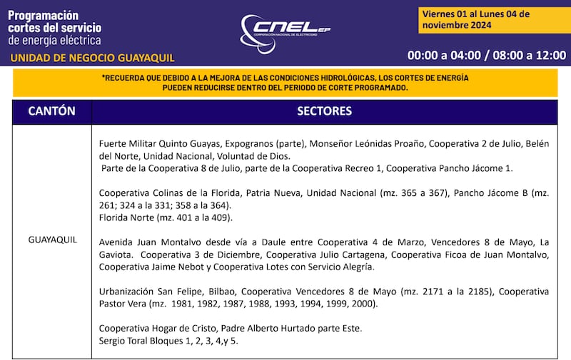 Guayaquil: Así quedan los nuevos horarios de cortes de luz para el feriado de noviembre