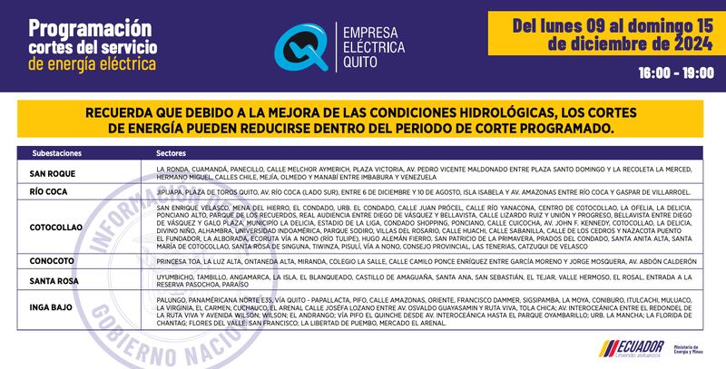 Cortes de luz en Quito del 9 al 15 de diciembre