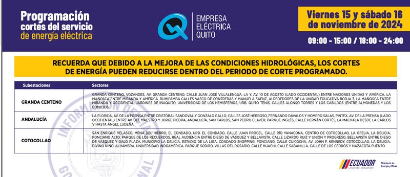 CORTES DE LUZ VIERNES 15 Y SÁBADO 16 DE NOVIEMBRE