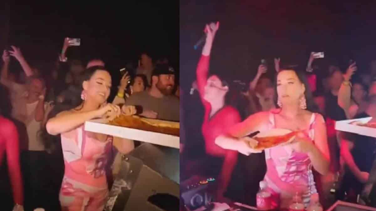 Katy Perry lanza pizza al público en Las Vegas. Agencias.