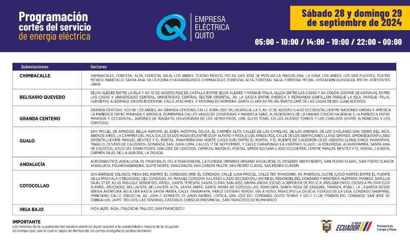 Nuevos horarios de cortes de luz para Quito