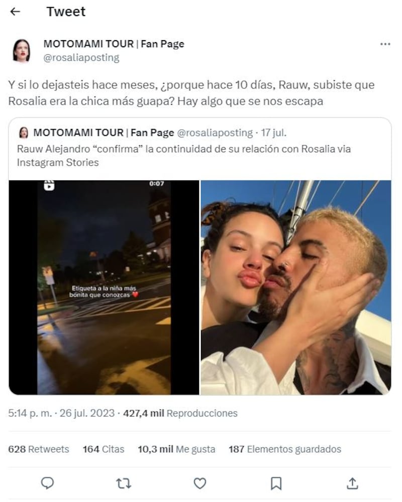 Rauw Alejandro etiquetó a Rosalía en un video en Instagram el 17 de julio