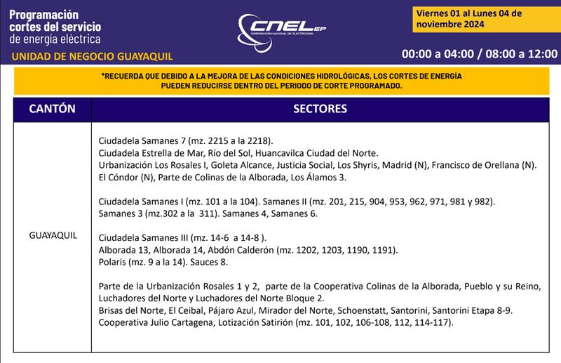 Guayaquil: Así quedan los nuevos horarios de cortes de luz para el feriado de noviembre