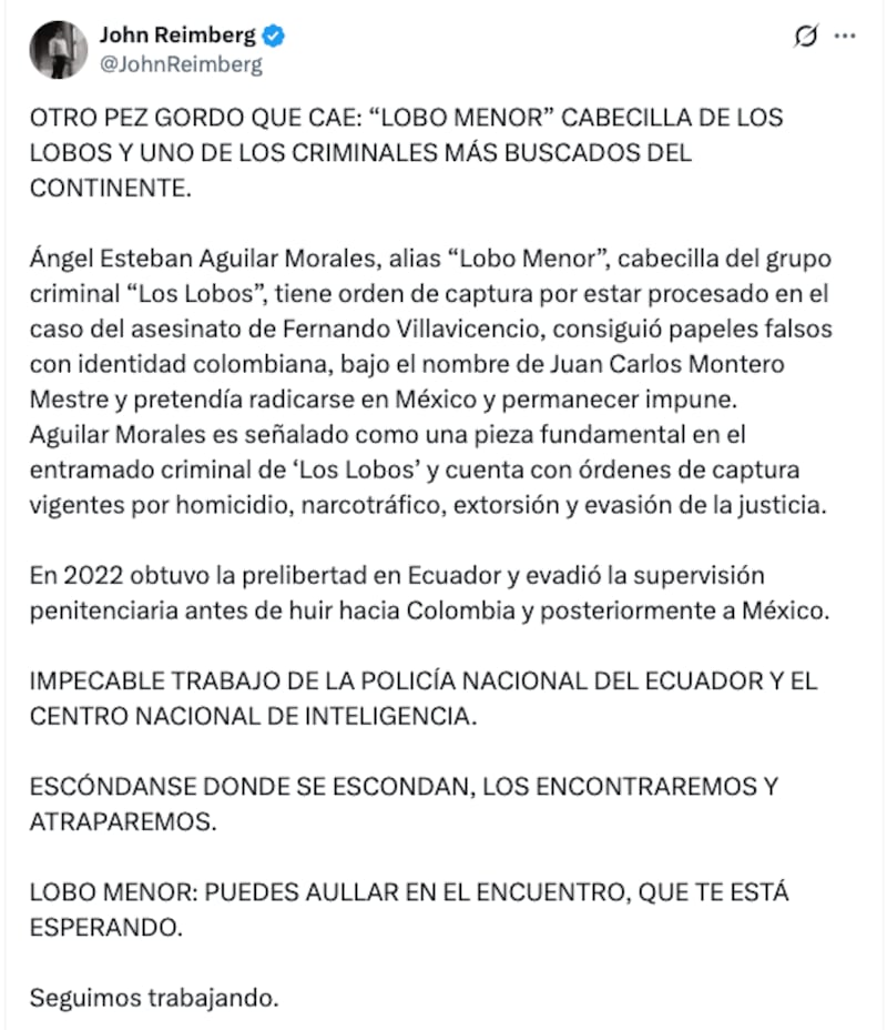 Alias “Lobo Menor”, cabecilla de Los Lobos vinculado al caso Villavicencio, llega a Ecuador