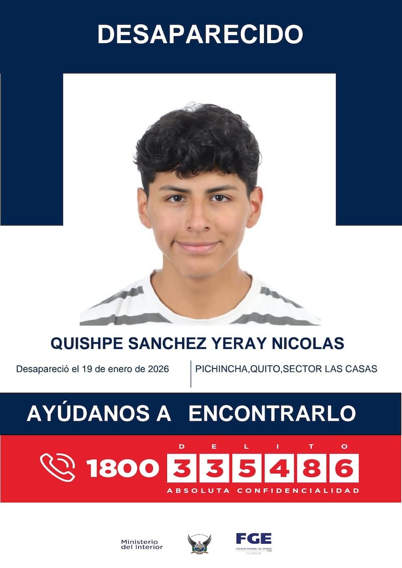Reportan la desaparición de Nicolás Sánchez, de 14 años, en el norte de Quito