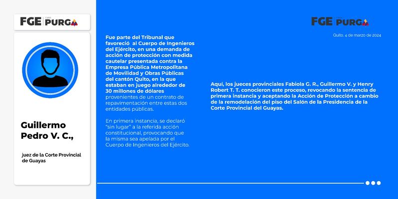 Guillermo Pedro V. C., juez de la Corte Provincial de #Guayas, fue parte del Tribunal que favoreció al Cuerpo de Ingenieros del Ejército en una demanda de acción de protección, a cambio de una remodelación en la Corte.