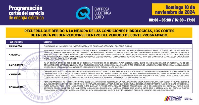 Horarios de cortes de luz para este domingo 10 de noviembre en Quito.