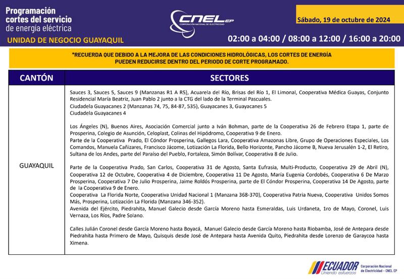 Guayaquil: horarios de cortes de luz para este sábado 19 y domingo 20 de octubre. Imagen: CNEL