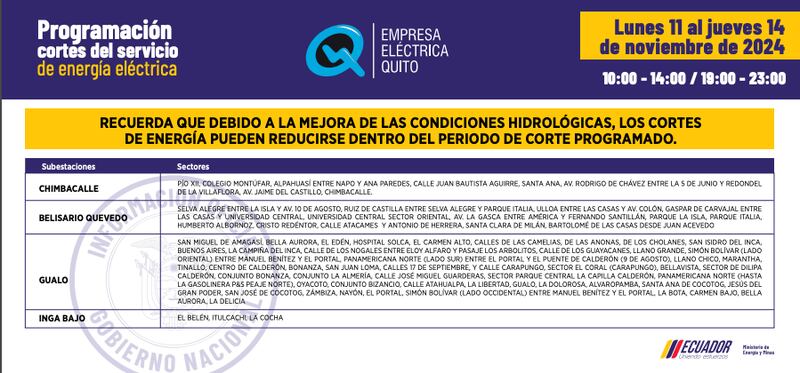 Cortes de luz del 11 al 14 de noviembre en Quito.