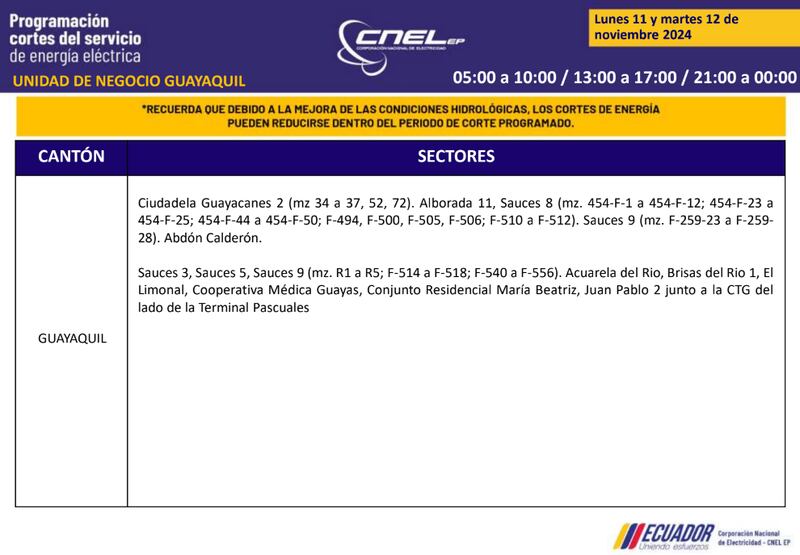 Cortes de luz en Guayaquil el 11 y 12 de noviembre