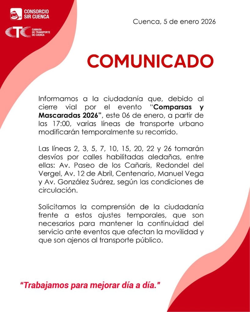 Buses urbanos de Cuenca modificarán sus recorridos desde las 17:00 por las comparsas y mascaradas 2026.