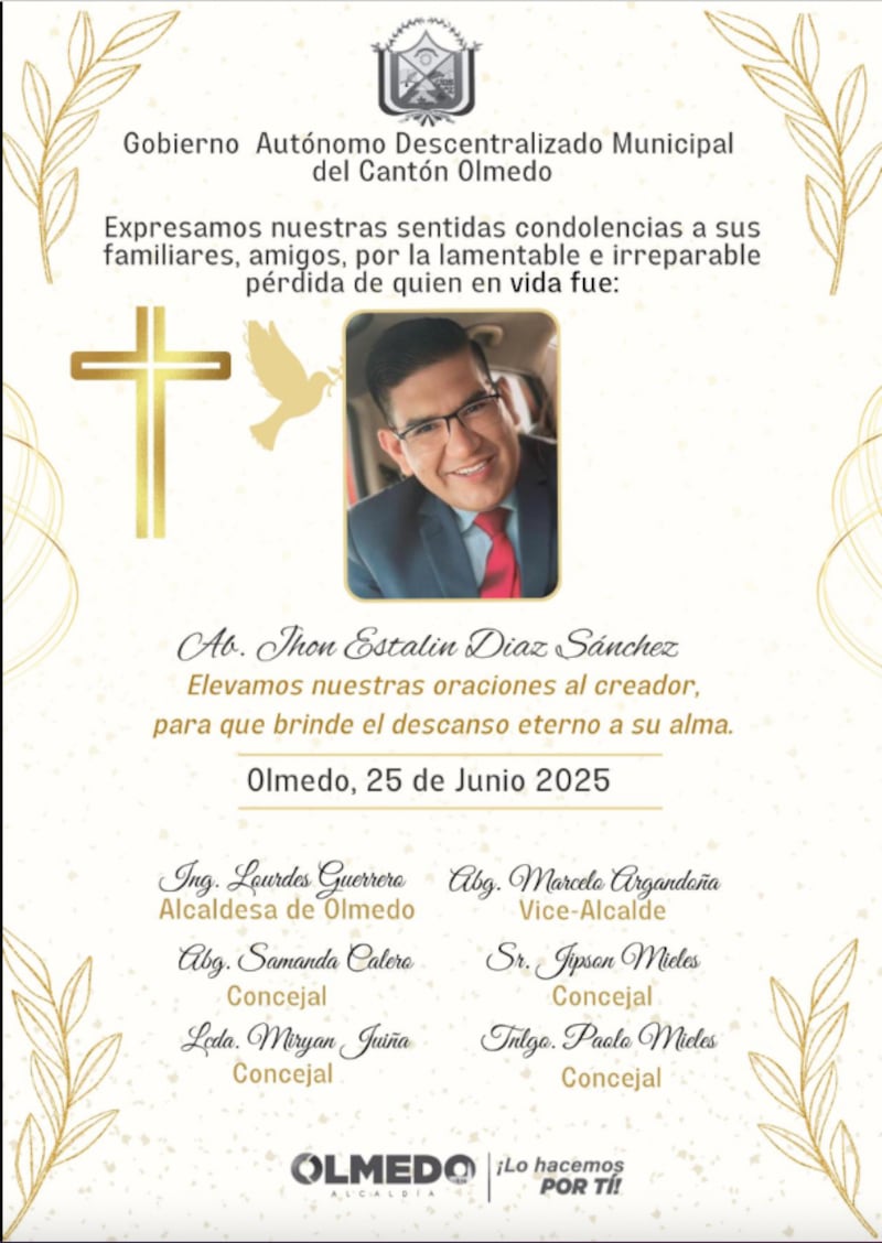 El procurador síndico del cantón Olmedo, John Estalin Díaz Sánchez.