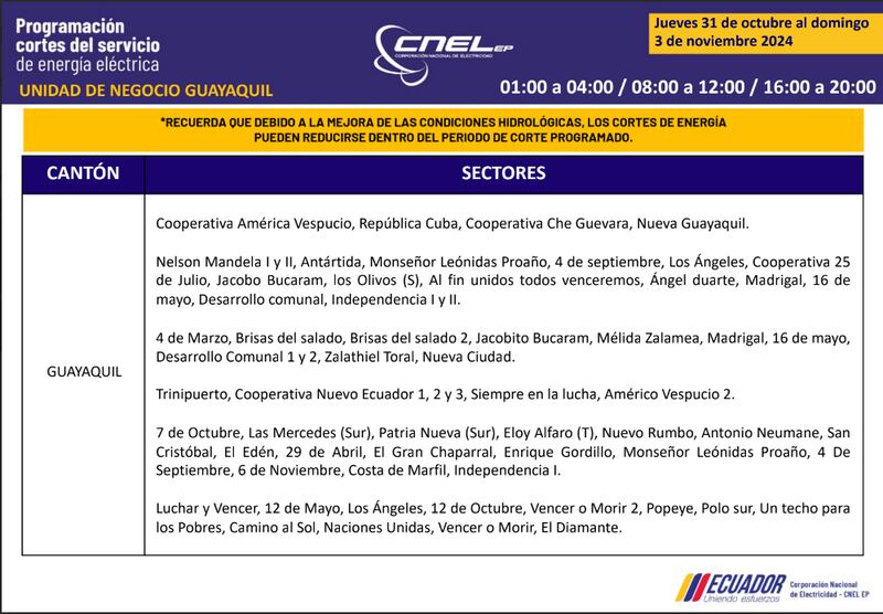Cortes de luz en Guayaquil del 31 de octubre al 3 de noviembre