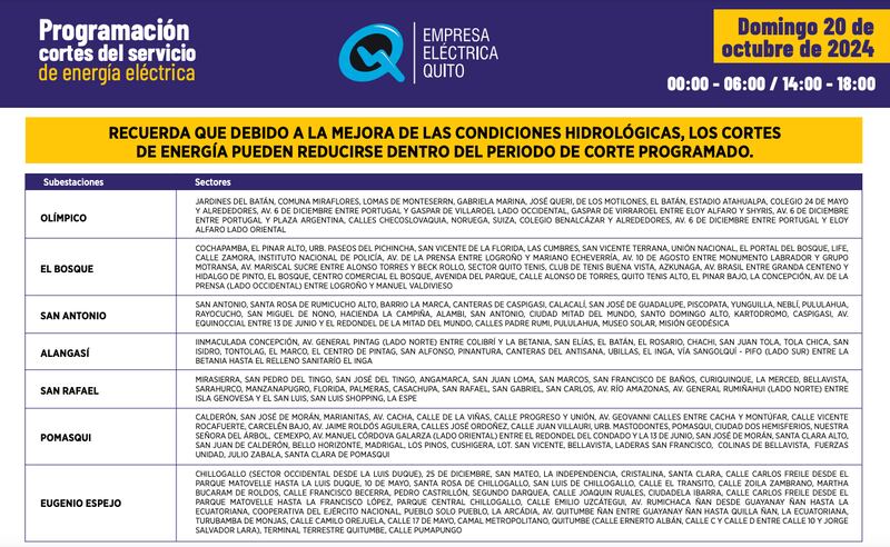 Quito: estos son los horarios de cortes de luz para este sábado 19 y domingo 20 de octubre. Imagen: EEQ