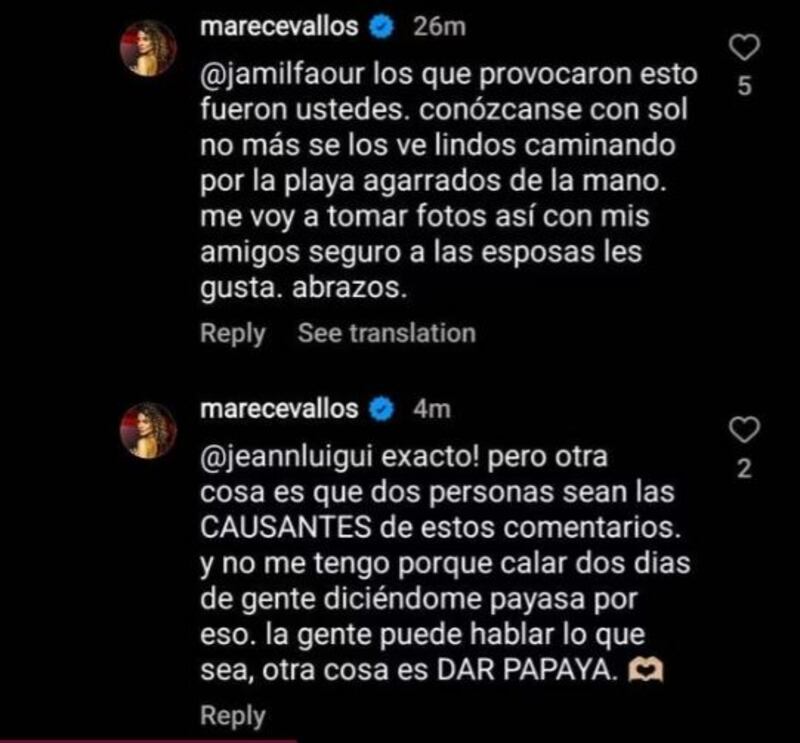 Comentarios de Mare Cevallos antes de ser borrados del perfil de Instagram