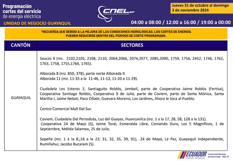 Cortes de luz en Guayaquil del 31 de octubre al 3 de noviembre