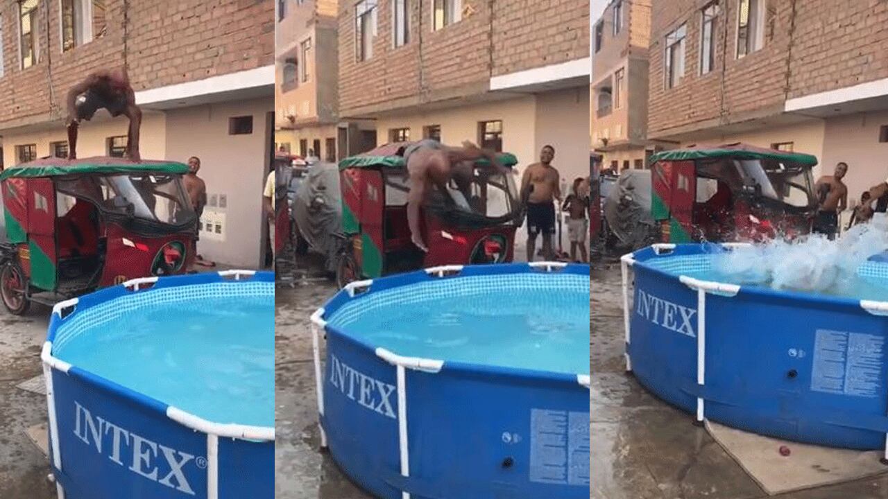 Tres fragmentos del video de Tiktok que muestra el clavado que salió mal.