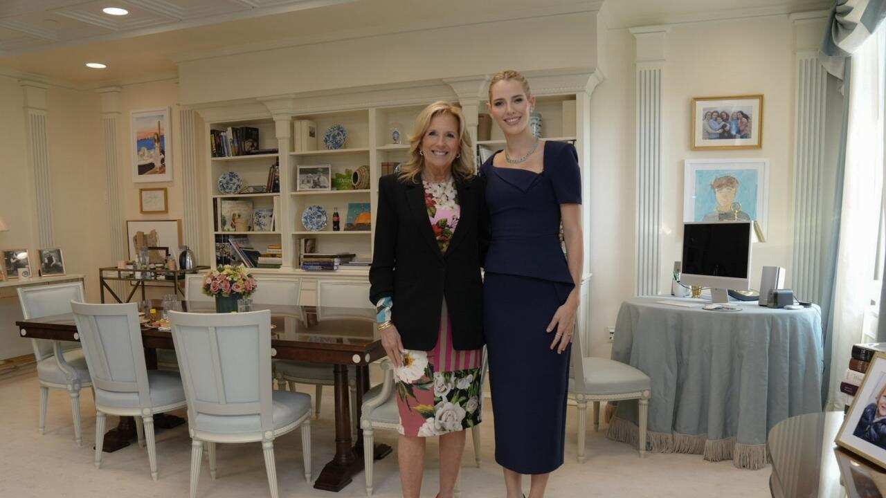 Primera Dama del Ecuador, Lavinia Valbonesi, en la cita que mantuvo esta tarde 26 de febrero de 2024 con su par estadounidense, Jill Biden