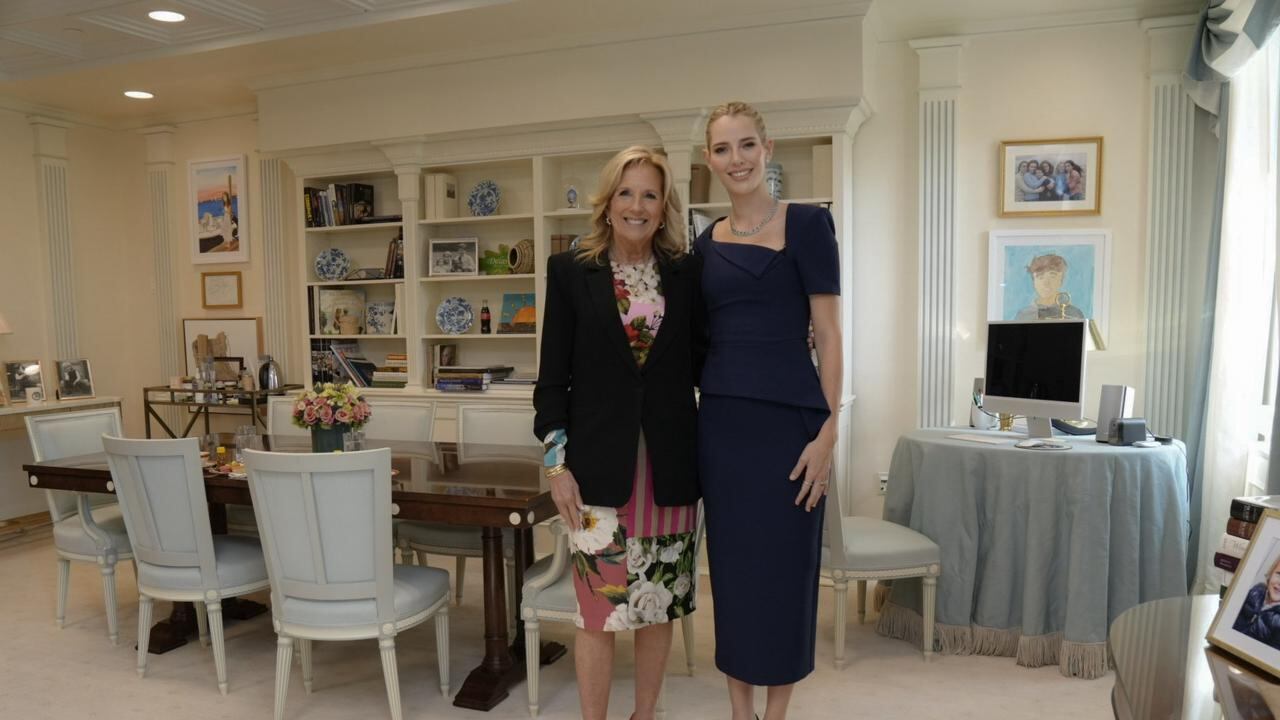 Primera Dama del Ecuador, Lavinia Valbonesi, en la cita que mantuvo esta tarde 26 de febrero de 2024 con su par estadounidense, Jill Biden